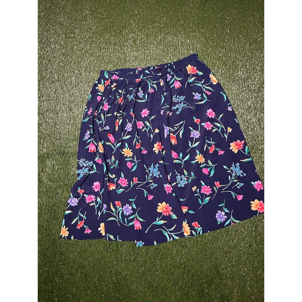 Alfred Dunner Floral Pleated A-Line Skirt Petite 14 Navy Elastic Waist Polyester